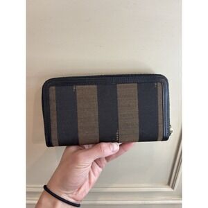 Fendi Pequin Canvas Continental Wallet Authentic EUC Zip Close Brown Made Italy